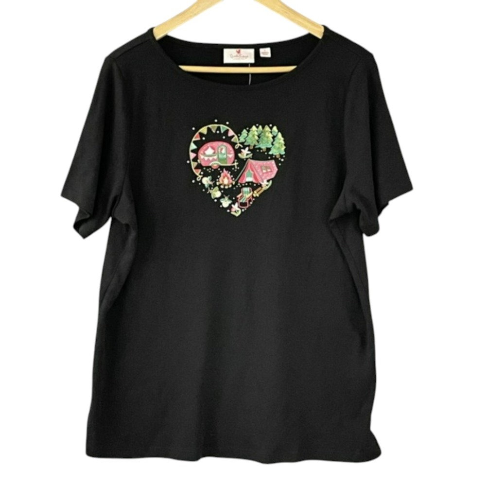 Quacker Factory Womens Camping Heart Embroidered Top L Rhinestones Novelty NWT